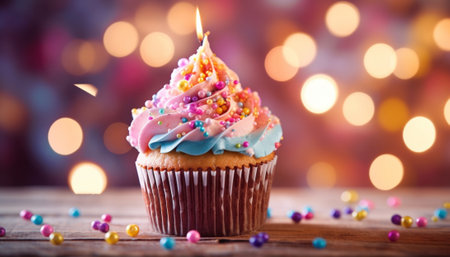 Generative AI : birthday cupcake decorative with fairy string light and candleの素材