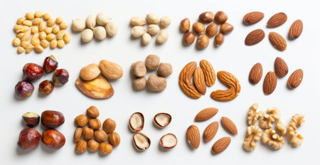 Generative AI : cashews almonds pistachios macadamia mixed nuts healthy snack frame on white backgroundの素材
