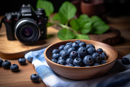 Generative AI : blueberries in wooden bowlの素材