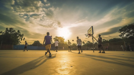 Generative AI : blurred image for background of street basketball players on the basketball court work out in the eveningの素材