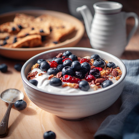 Generative AI : brunch homemade granola almond raisins fresh blueberry cranberry healthy brunch and breakfast on white table backgroundの素材