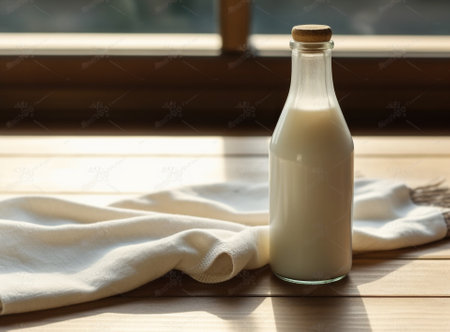 Generative AI : bottle of milk on white wooden tableの素材