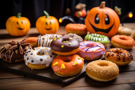 Generative AI : halloween sprinkles green zombie pumpkin spider web set of halloween donuts backgroundの素材