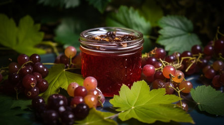 Generative AI : home made mulberry jam in jar and some fresh fruits and leavesの素材