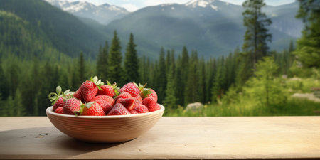 Generative AI : fresh strawberry in wooden bowl with nature backgroundの素材