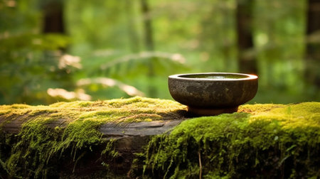 Generative AI : handmade Japanese ceramic tea cup or sake cup on wooden stump in gardenの素材
