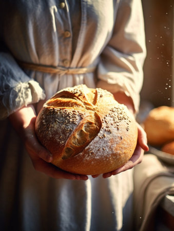 Generative AI : female hands holding freshly baked loaf of breadの素材