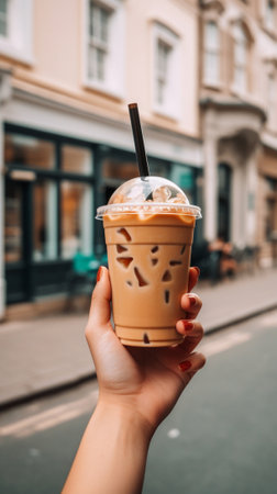 Generative AI : hand holding coffee frappeの素材