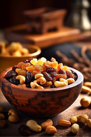 Generative AI : mixed nuts and dried fruit in white ceramic bowl bowl on wooden table backgroundの素材