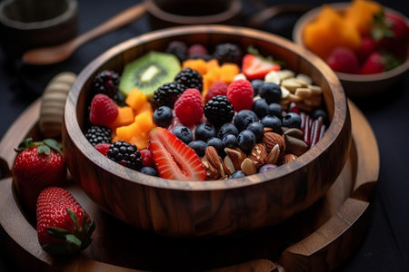 Generative AI : healthy snack mixed nuts and dried fruits in wooden bowl on dark cement table background almond pineapple cranberry papaya apple strawberry cherry apricot cashewの素材