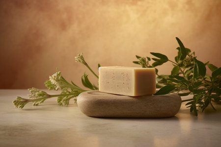 Generative AI : handmade natural cold process soap on cement background oat milk pink clay natural soap bar ecofriendly living lifestyle productの素材