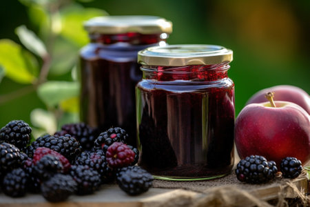 Generative AI : homemade mulberry jam in a glass jar with fresh mulberry with green leaves on rustic table backgroundの素材