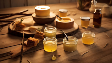 Generative AI : natural yellow beeswax on wooden backgroundの素材