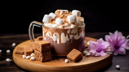 Generative AI : hot chocolate or hot cocoa in the cup whipped cream top with chocolate ganache marshmallow chopped dark chocolate in the cup on wooden tableの素材