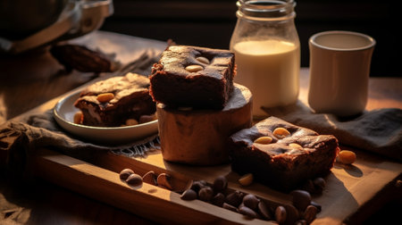 Generative AI : homemade chocolate brownies on wooden background freshly bakedの素材