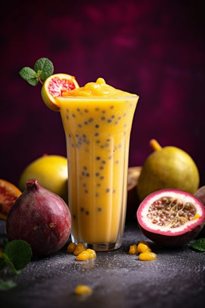 Generative AI : glass of passion fruit juice on marble tableの素材