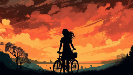 Generative AI : little girl watching the sunset with bicycleSilhouetteの素材