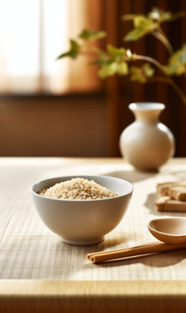 Generative AI : table spoon of white sesame on wooden tableの素材