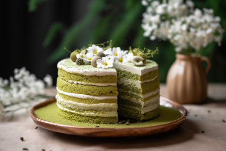 Generative AI : macrobiotic desert pineapple mint cake made with whole wheat flour almond flour maple syrup almond oil soy milk pineapple and mint leaveの素材