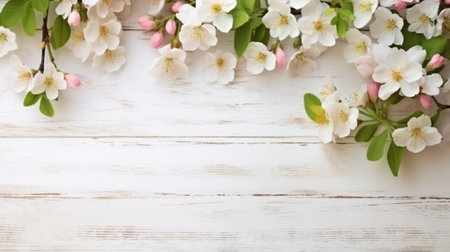 Generative AI : white little flowers background on white wooden backgroundの素材