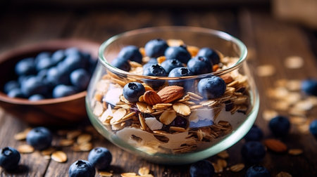 Generative AI : homemade granola made from oatmeal raisins honey blueberries cranberry flax almond macadamia cashew pecanの素材