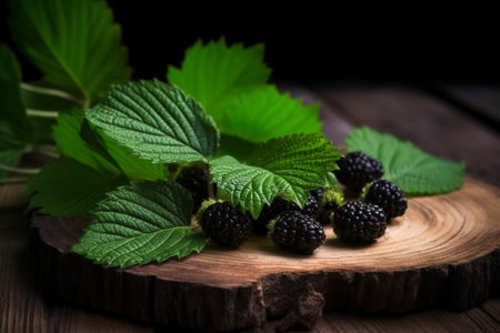 Generative AI : organic mulberry in plate on wooden backgroundの素材