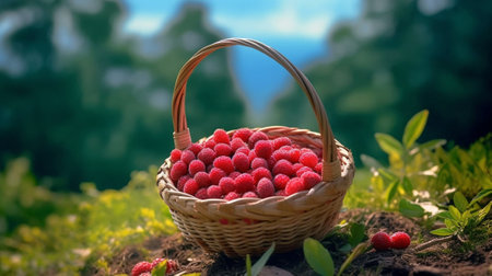 Generative AI : organic red cherries coffee bean in wicker basket on green grass background berry coffee beansの素材