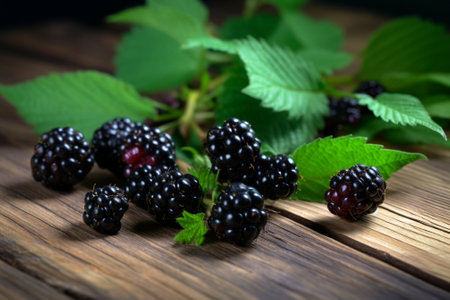 Generative AI : fresh organic mulberry on wooden backgroundの素材