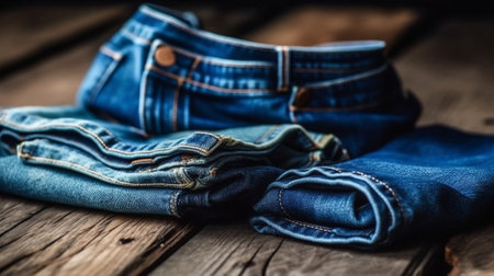 Generative AI : short jeans on wooden background indigo denim short on wooden backgroundの素材
