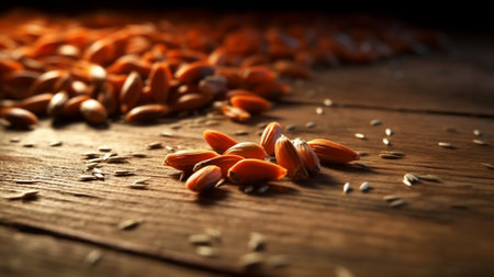 Generative AI : seed saving red long beans seed on wooden backgroundの素材