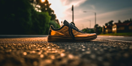 Generative AI : Pair of sneakers shoes standing on a road with yellow arrow lineの素材