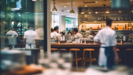 Generative AI : Blurred background Customer at restaurant in department storeの素材