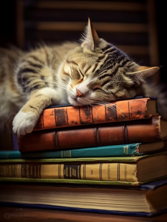 Generative AI : sleeping cat on books lazy cat on day timeの素材