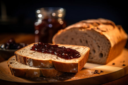 Generative AI : homemade mulberry jam on homemade bread with yellow flowersの素材