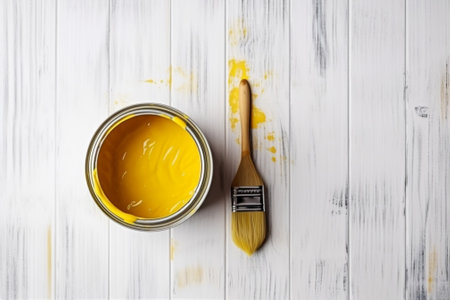 Generative AI : yellow color paint can and paint brush on wooden backgroundの素材