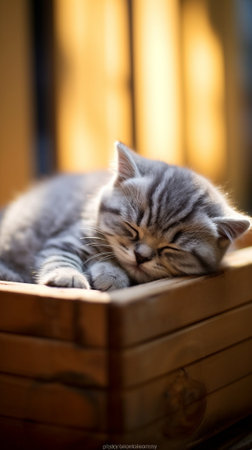 Generative AI : Cute little kitten sleeps on wooden backgroundの素材