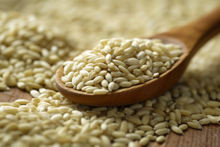 Generative AI : raw white sesame seeds in wooden spoonwhite sesame seedsの素材