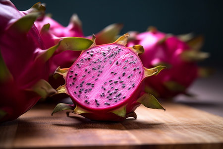 Generative AI : sliced pink dragon fruit on wooden tableの素材