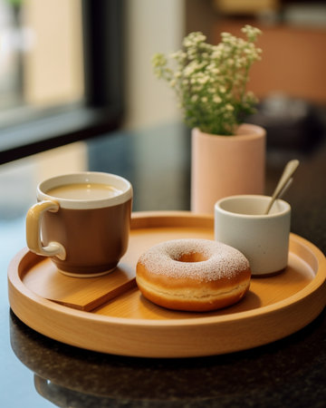 Generative AI : a cup of coffee and matcha green tea donut on office deskの素材