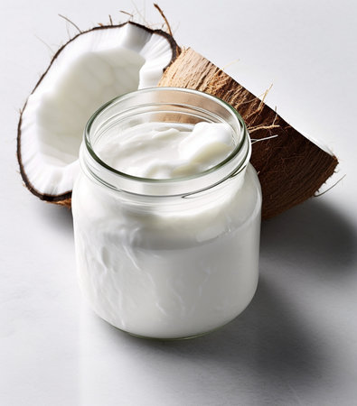 Generative AI : toasted coconut flake in glass bowl on marble backgroundの素材