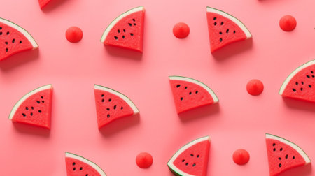 Generative AI : Flat lay top view Sliced watermelon on pink background Watermelon patternの素材