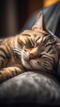 Generative AI : Sleeping cat on brown leather sofa lazy cat sleeping on day timeの素材
