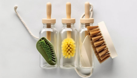 Generative AI : toothpaste tablets in a glass bottle with bamboo toothbrushes on white background eco friendly zero waste living conceptの素材