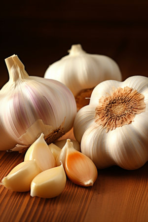 Generative AI : Garlic cloves on wooden backgroundの素材