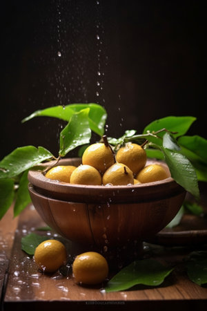 Generative AI : Acerola Cherry in wooden bowl on wooden table with rustic brown backgroundの素材