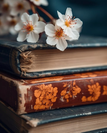 Generative AI : yellow cosmos bouquet flowers on old booksの素材