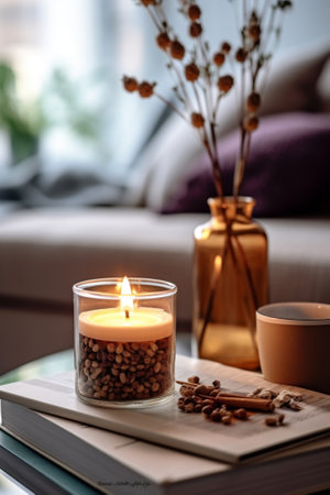 Generative AI : book candle and dried flowers in vase on wooden background still lifeの素材