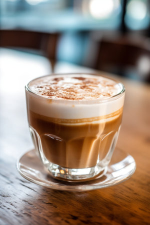 Generative AI : a glass of latte coffee on wooden tableの素材