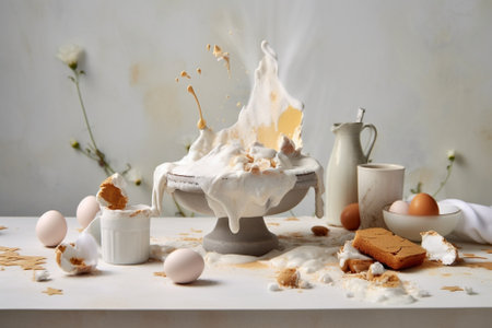 Generative AI : Broken eggs and flour in wooden spoons on white background baking backgroundの素材