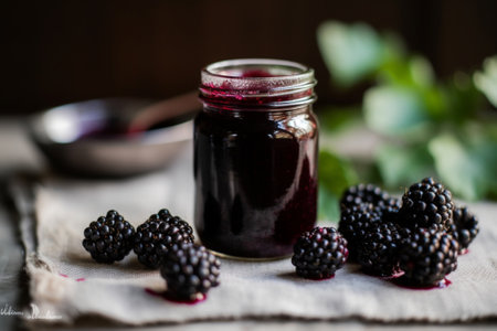 Generative AI : home made mulberry jam in glasses and some fresh fruits and leavesの素材